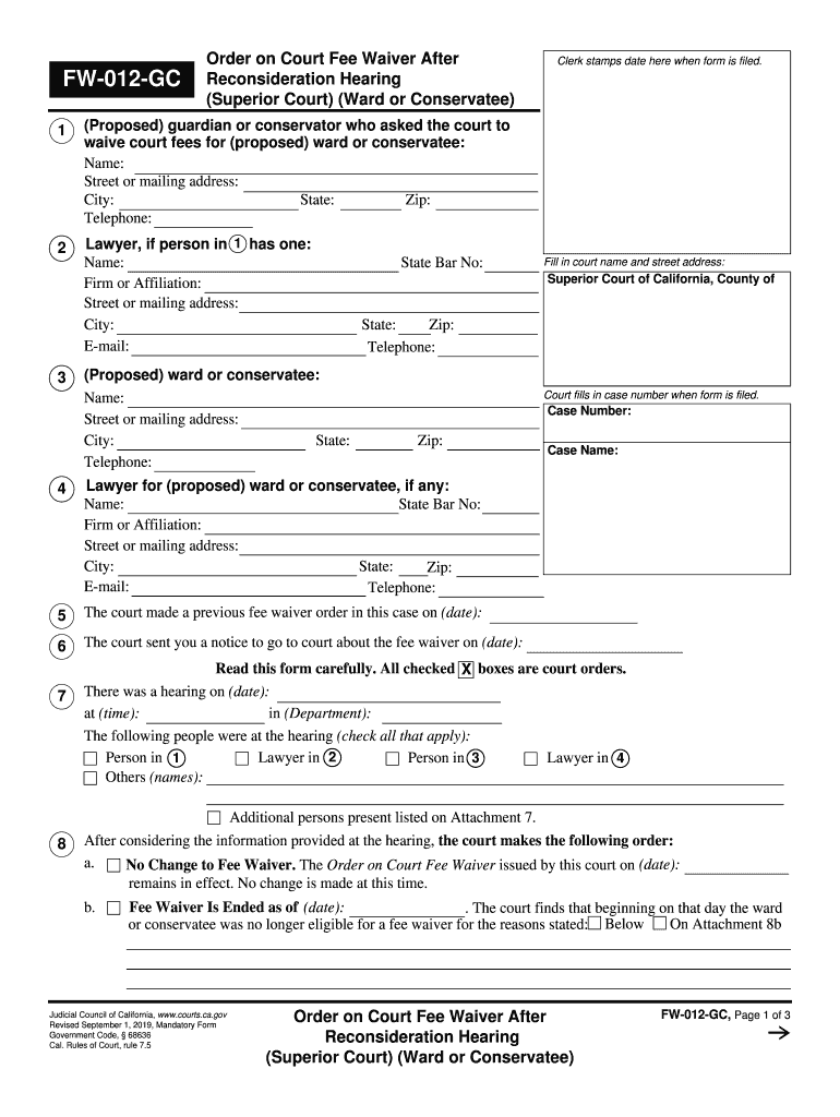  FW 012 GC Order on Court Fee Waiver After Reconsideration Hearing Superior Court Ward or Conservatee Judicial Council Forms 2019-2024