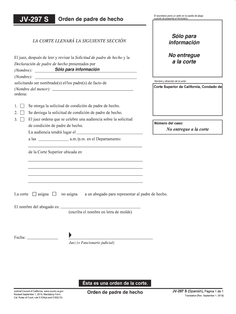  JV 297 S De Facto Parent Order Spanish Judicial Council Forms 2019-2024