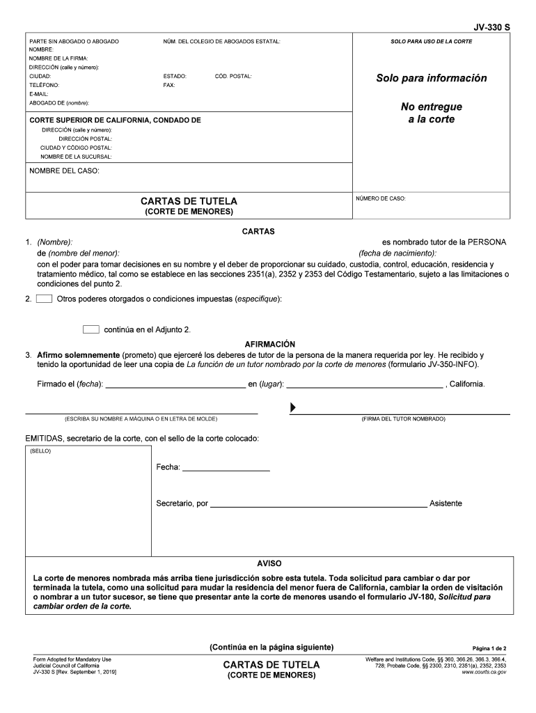  JV 330 S Letters of Guardianship Juvenile Spanish Judicial Council Forms 2019-2024