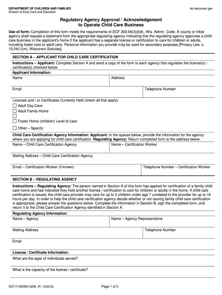  Regulatory Agency Approval to Operate Child Care Business, DCF F DWSW13259 Child Care Certification 2019-2024