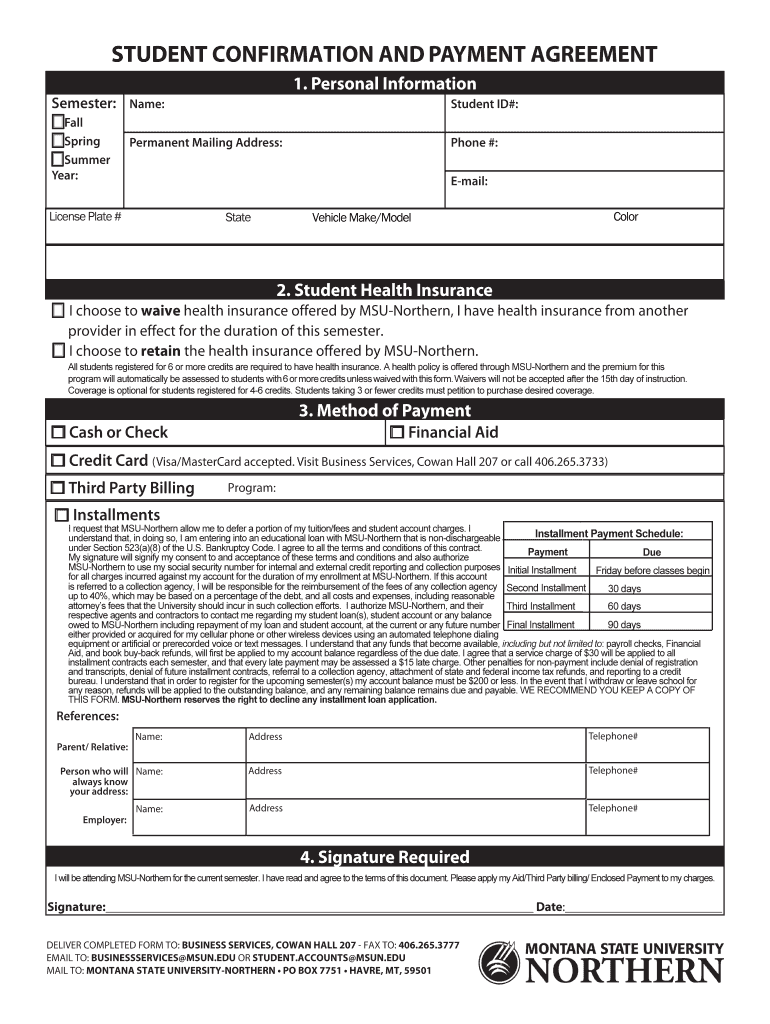 Student Confirmation and Payment Agreement MSU Northern  Form