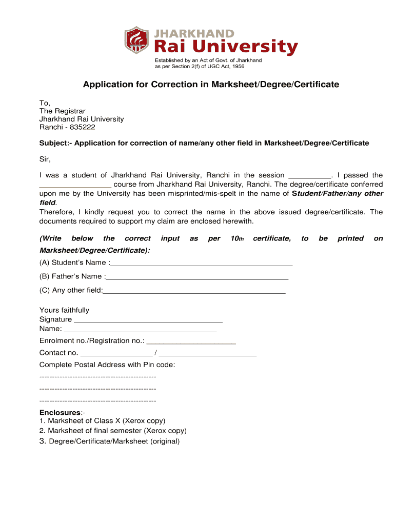 Application for Correction in Marksheet  Form