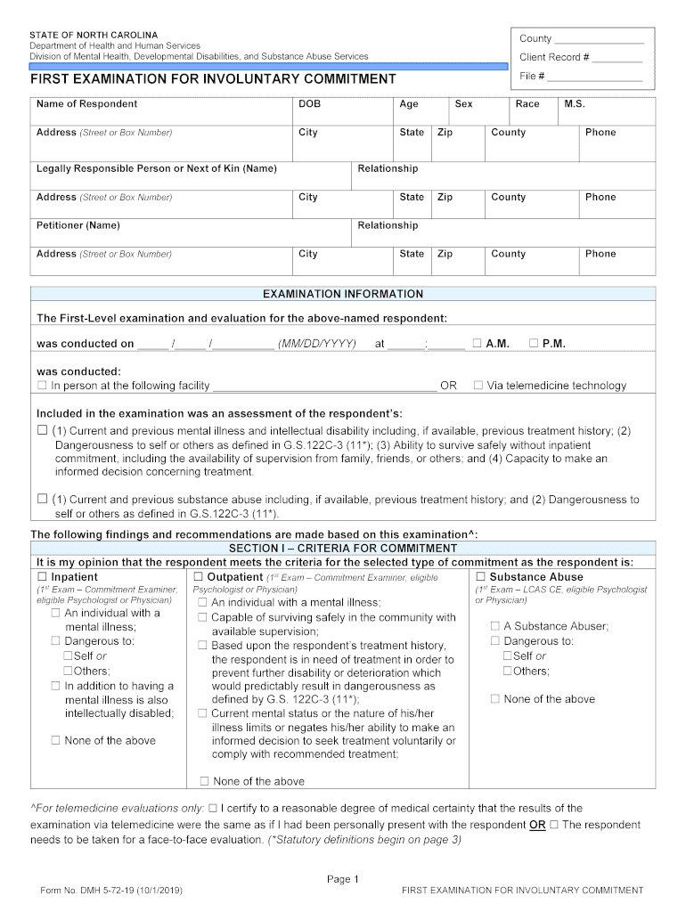 FIRST EXAMINATION for INVOLUNTARY COMMITMENT  Form