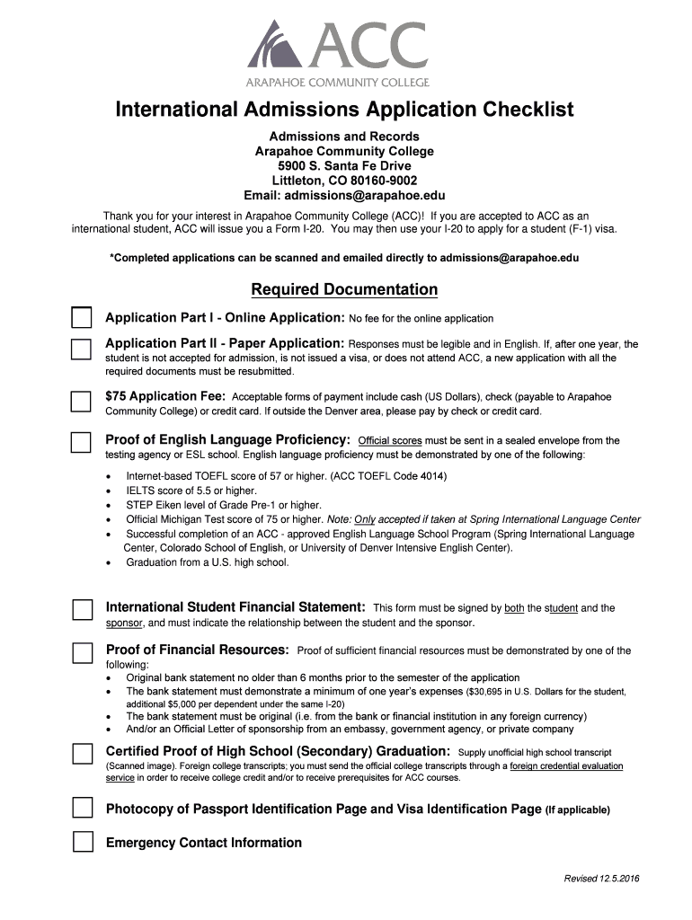 International Admissions Application Checklist Arapahoe  Form
