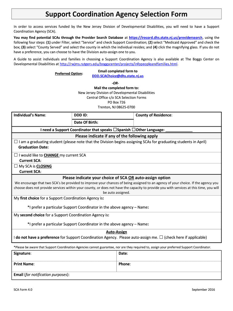  Support Coordination Agency Selection Form State of NJ 2016