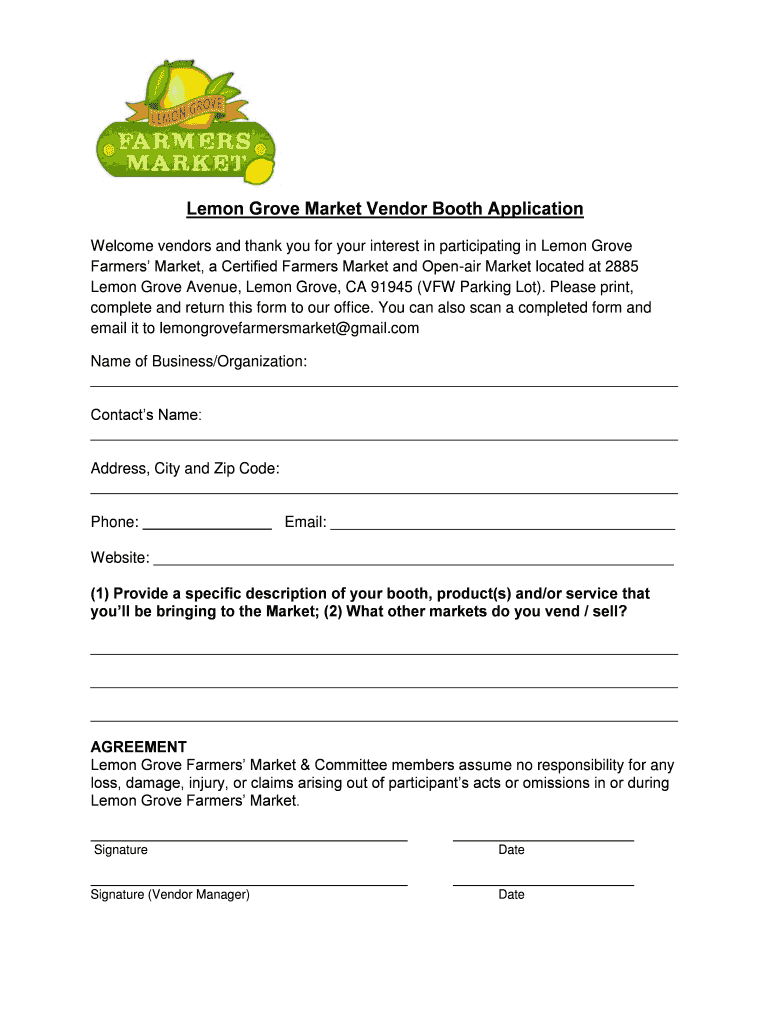 Lemon Grove Market Vendor Booth Application  Form