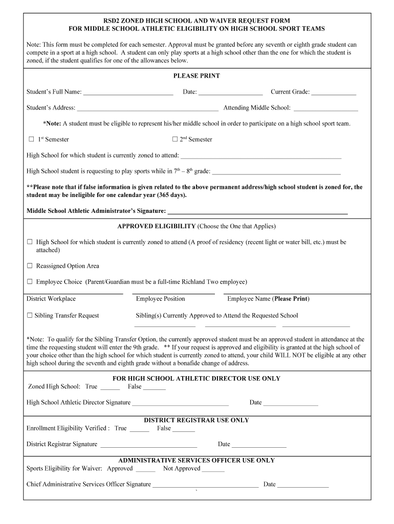 Middle School Eligibility Form for Zoned High School