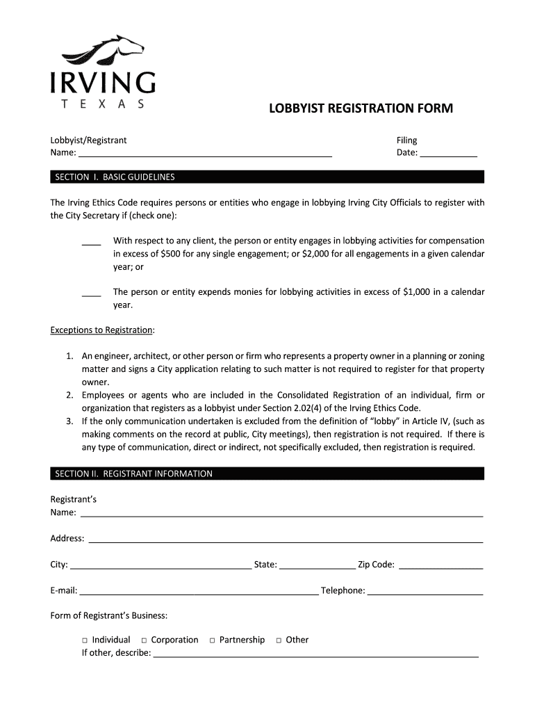 Lobbyist Client Identification Form City of Irving