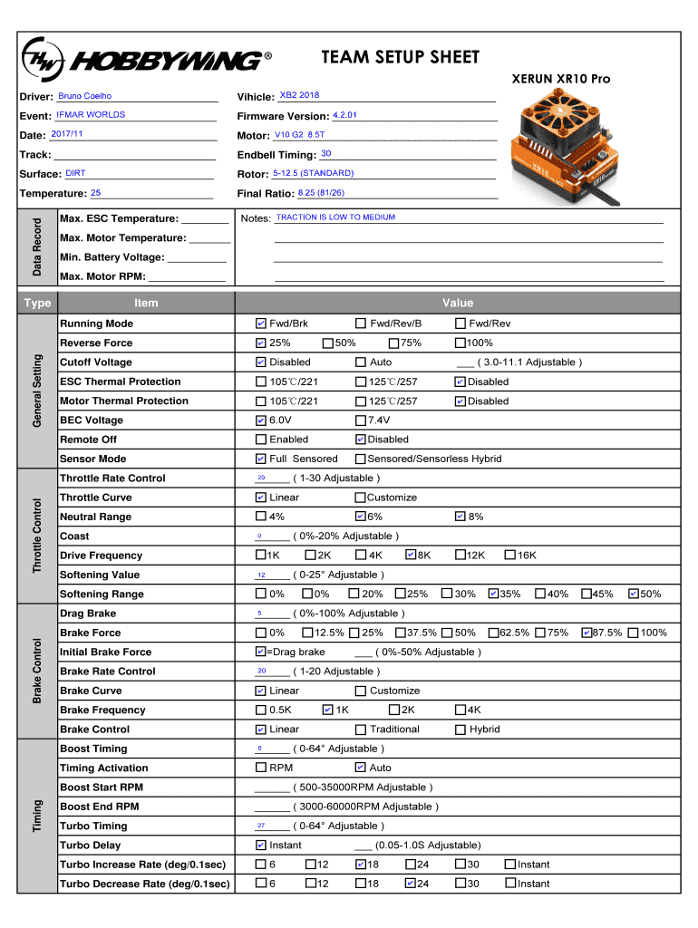 Hobbywing Xr8 Pro Setup Sheet  Form