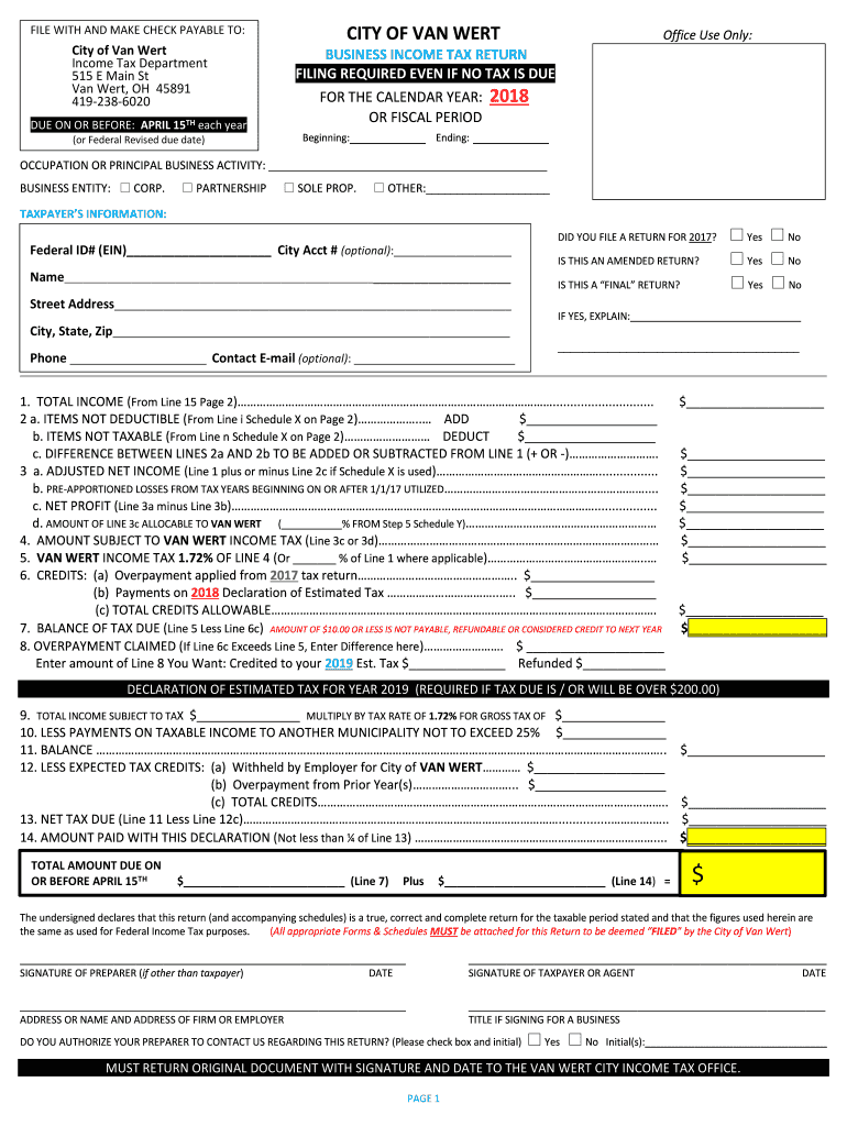 Van Wert Tax Department  Form