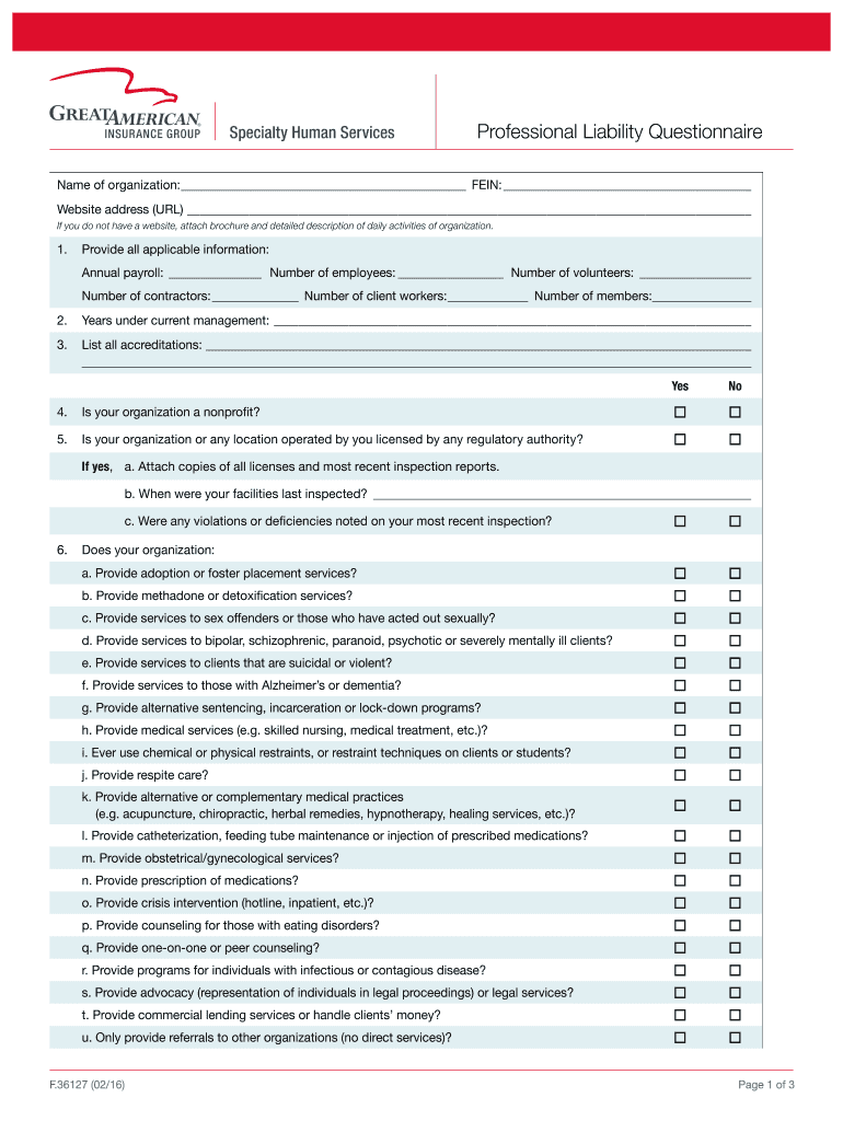 Professional Liability Questionnaire Great American  Form