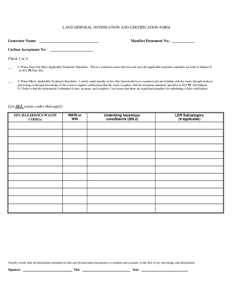 LAND DISPOSAL NOTIFICATION and CERTIFICATION Regen Form