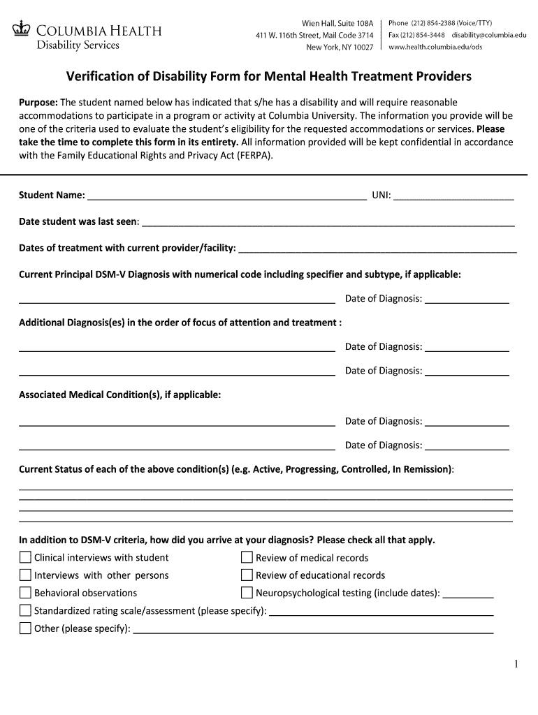  Verification of Disability Form for Mental Health Treatment Providers 2015-2024