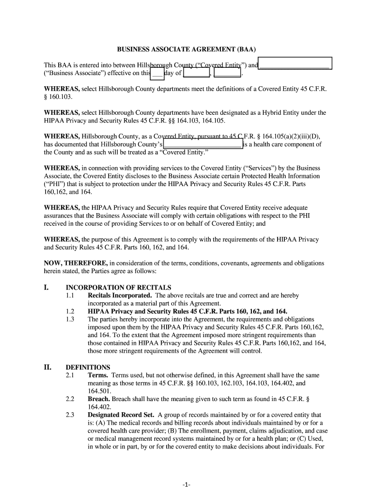 Business Associate Agreement Baa Hillsborough County  Form