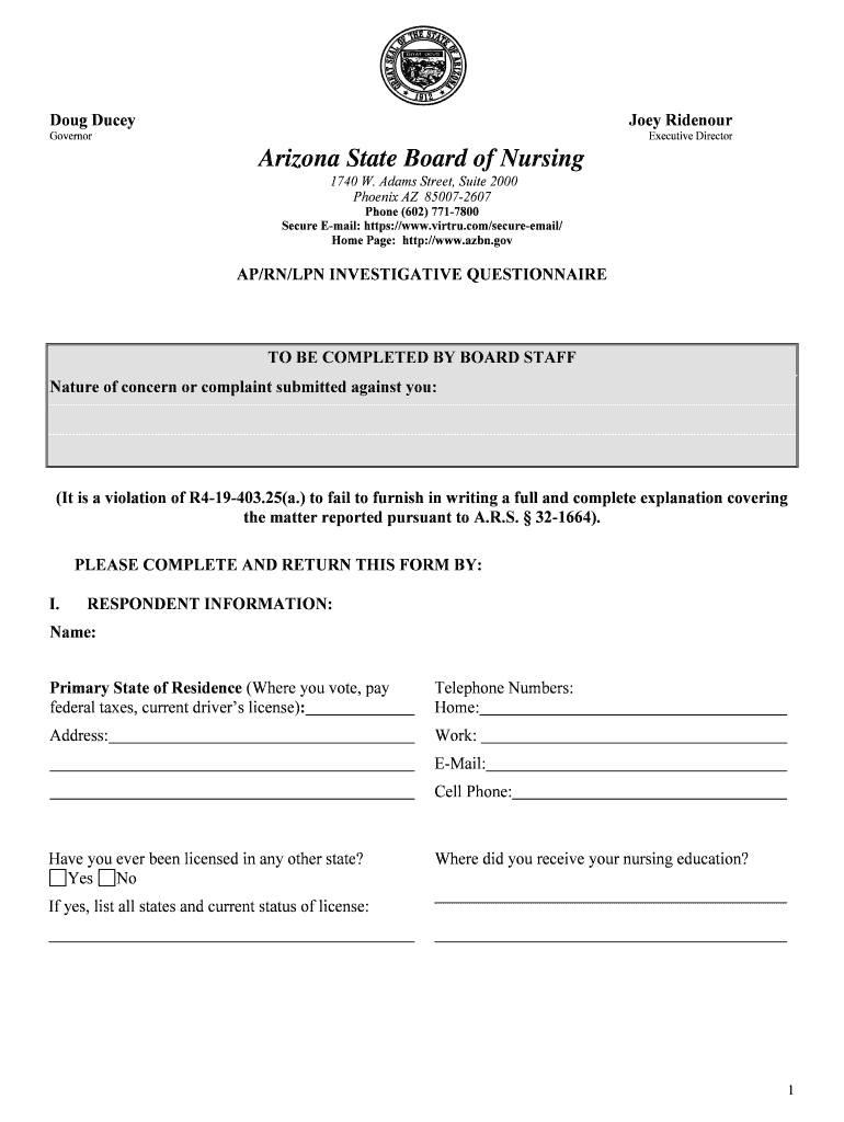 RN AP LPN Investigative Questionnaire Arizona State Board  Form