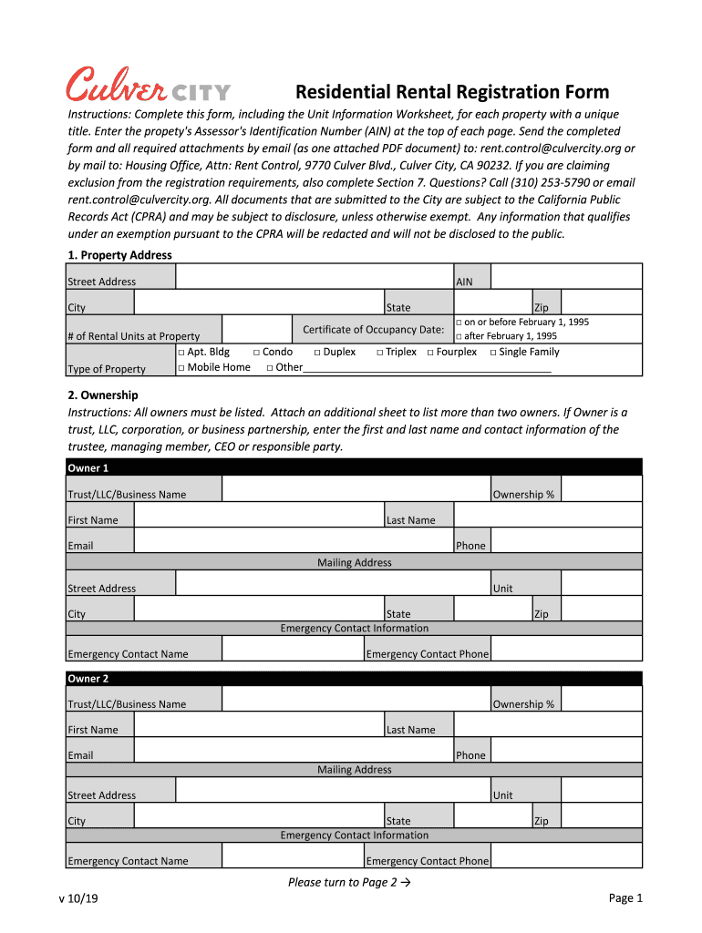 Residential Rental Registration Form City of Culver City