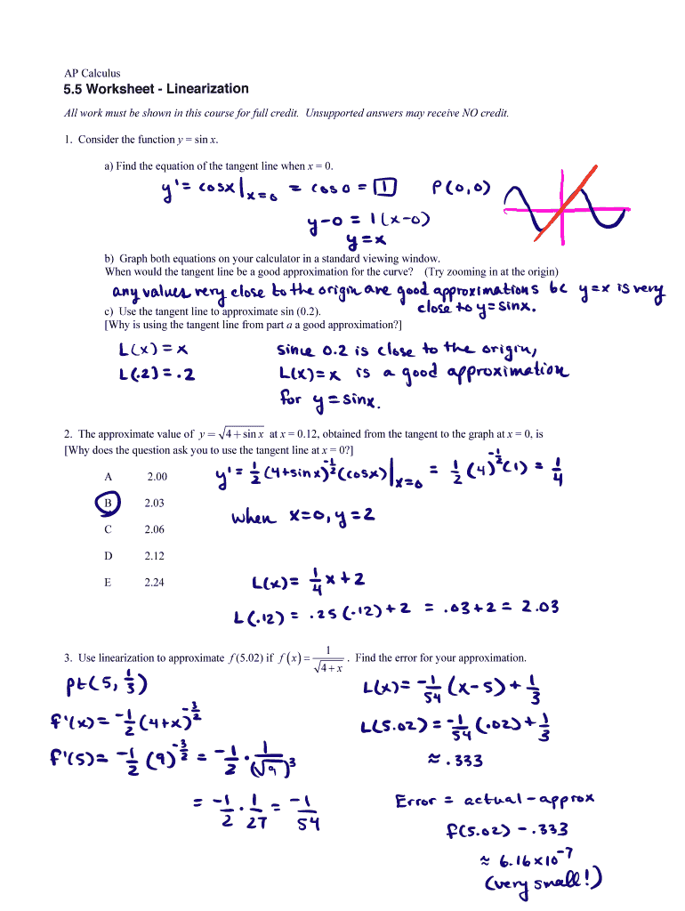 Calculus Worksheet with Answers  Form