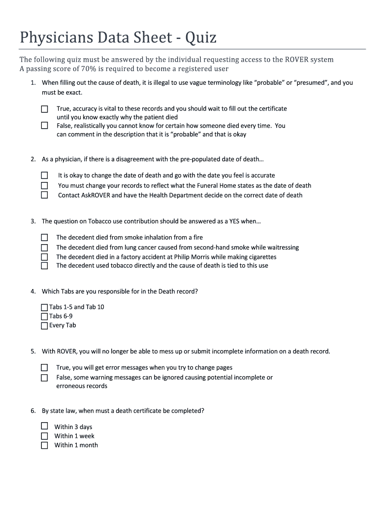 Physicians Data Sheet Quiz  Form