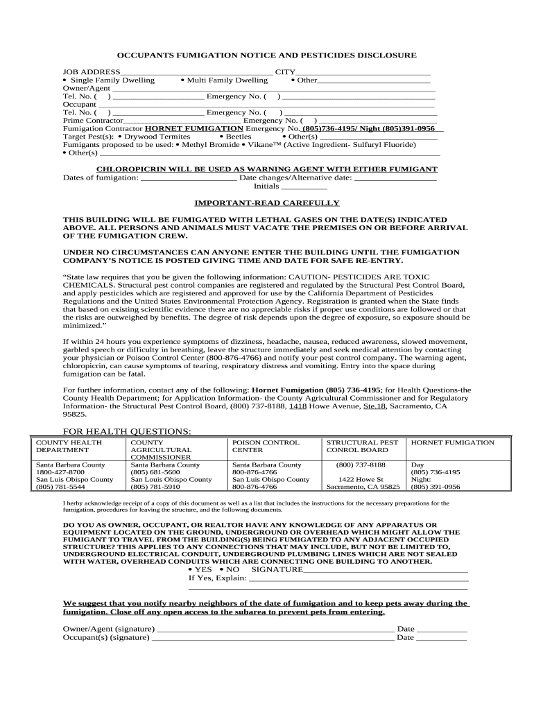 Fumigation Notice to Neighbors Sample  Form