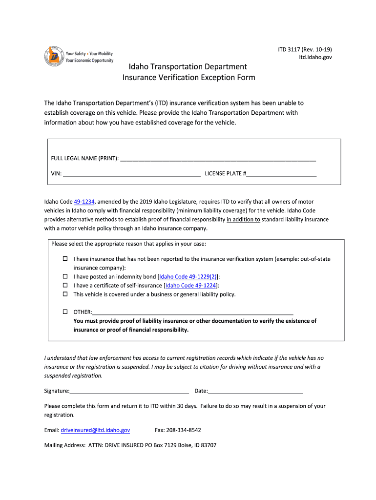 Idaho Transportation Department Insurance Verification  Form