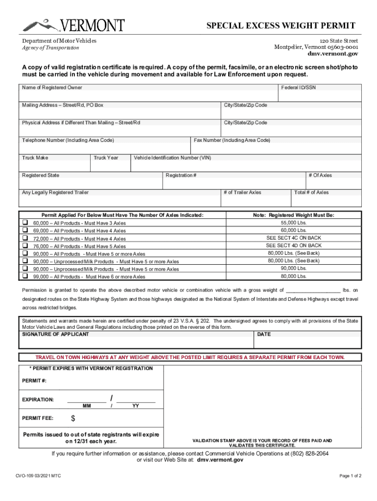  Vt Special Excess Weight Permit 2021-2024