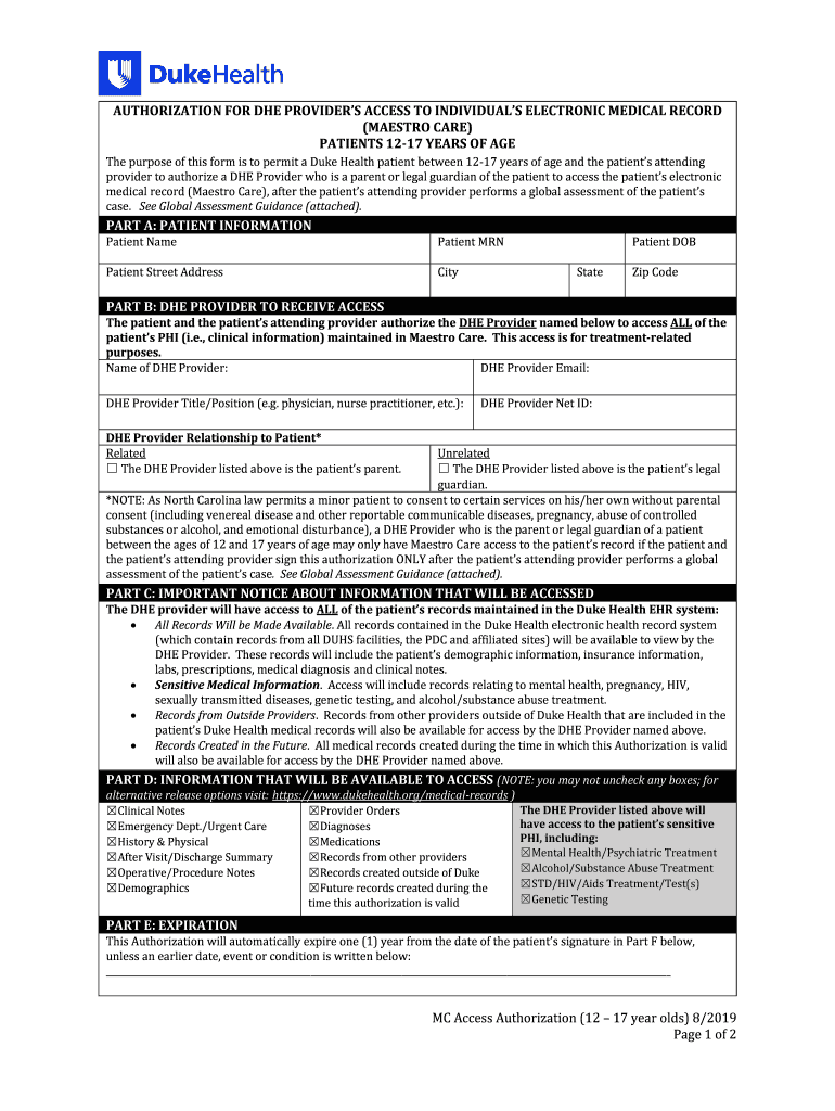 Electronic Medical Record Authorization 12 to 17 Years of Age  Form