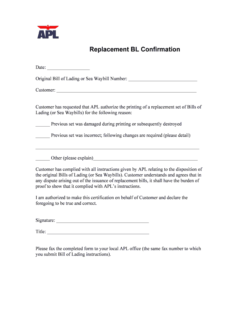 Replacement BL Confirmation  Form
