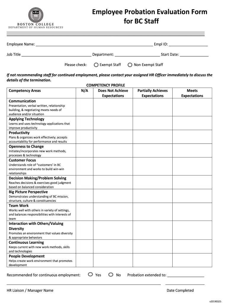  Employee Probation Evaluation Form for BC Staff 2019-2024