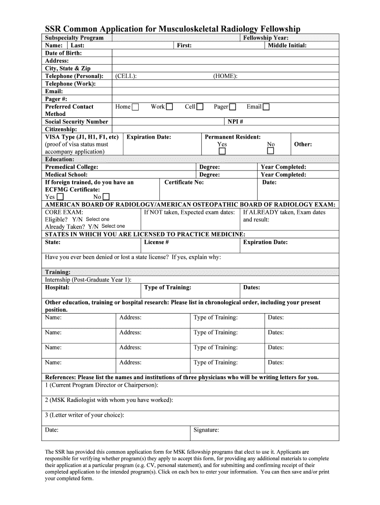 SSR Common Application for Musculoskeletal Radiology  Form