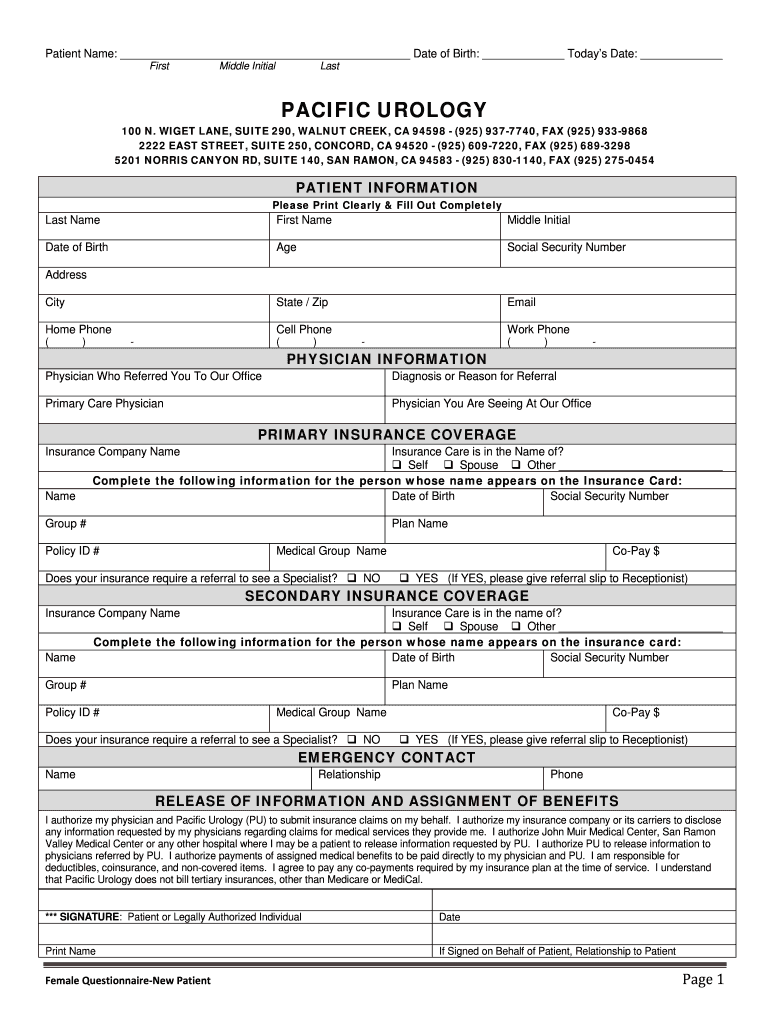 Get and Sign NEW PATIENT PACKET FEMALE Pacific Urology 2013-2022 Form