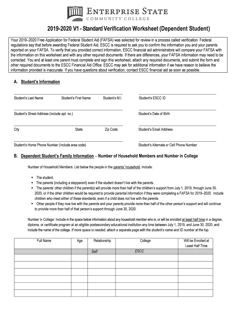  V1 Standard Verification Worksheet Dependent Student 2019