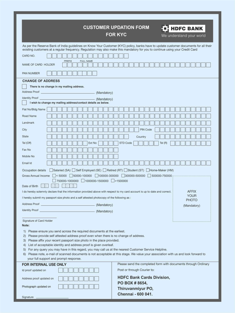 HDFC Bank Customer Updation Form for CYK