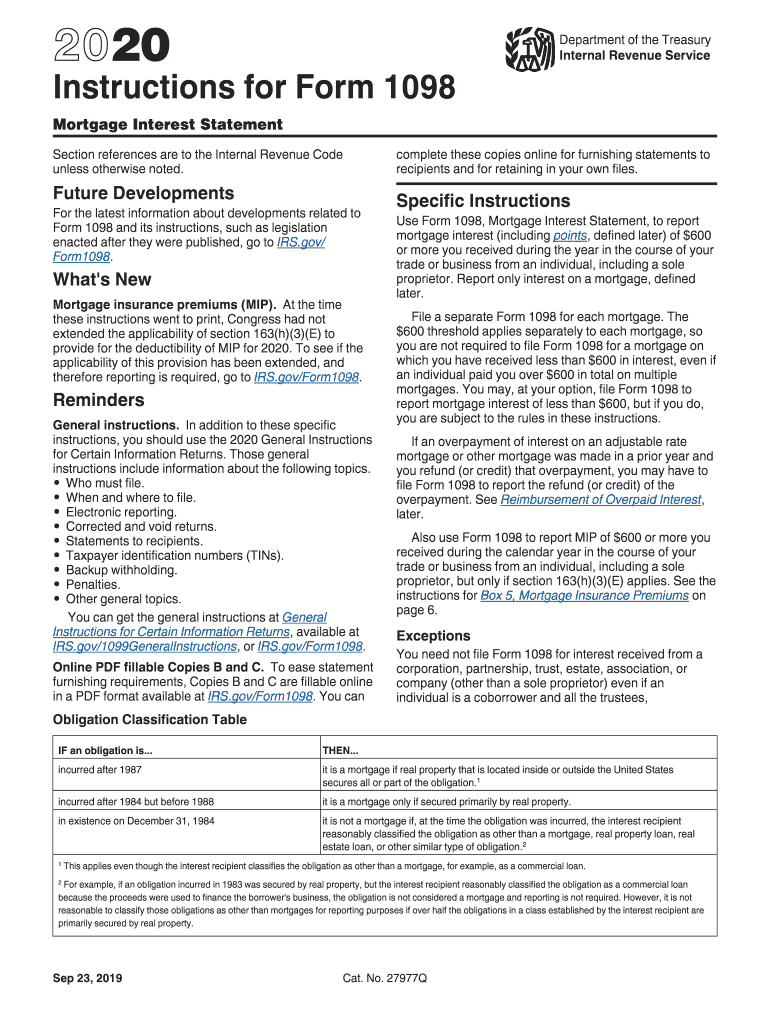  Instructions for Form 1098 Instructions for Form 1098, Mortgage Interest Statement 2020-2024