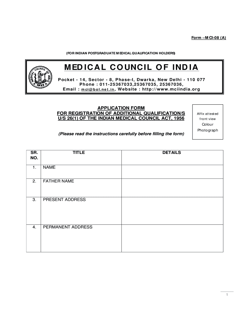 Form MCI 08 a for INDIAN POSTGRADUATE MEDICAL