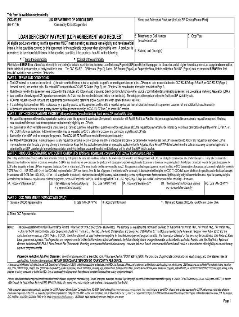 CCC 633 EZ Loan Deficiency Payment LDP Agreement and Request  Form