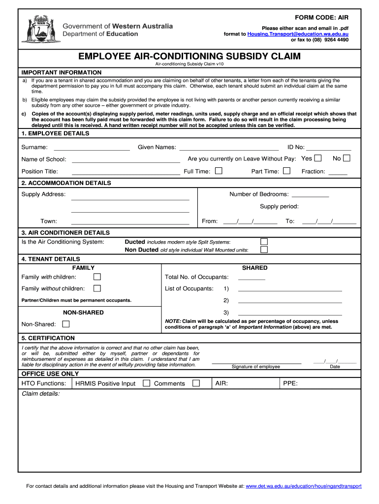 Air Conditioning Subsidy Wa  Form