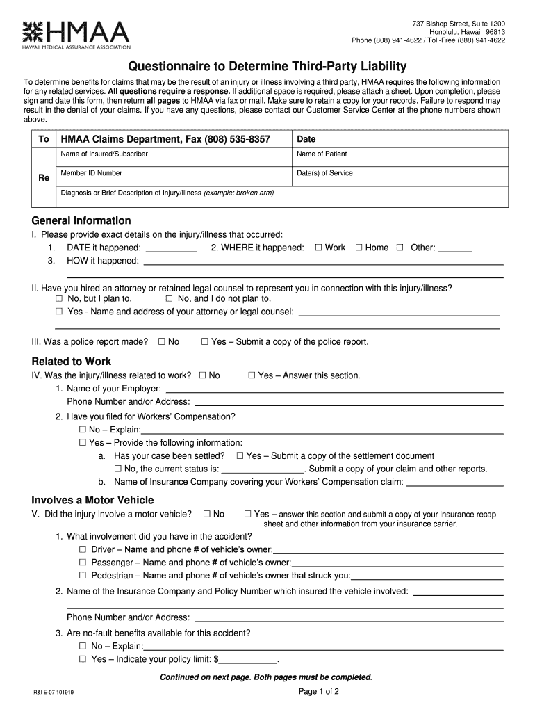  Questionnaire to Determine Third Party Liability HMAA Com 2019