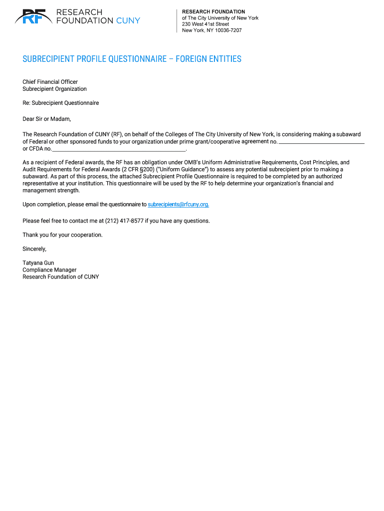 Final Subrecipient Profile Questionnaire Foreign Entities FY2016 Smart Form LD