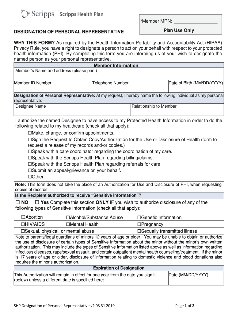 Scripps Designation of Personal Representative Form