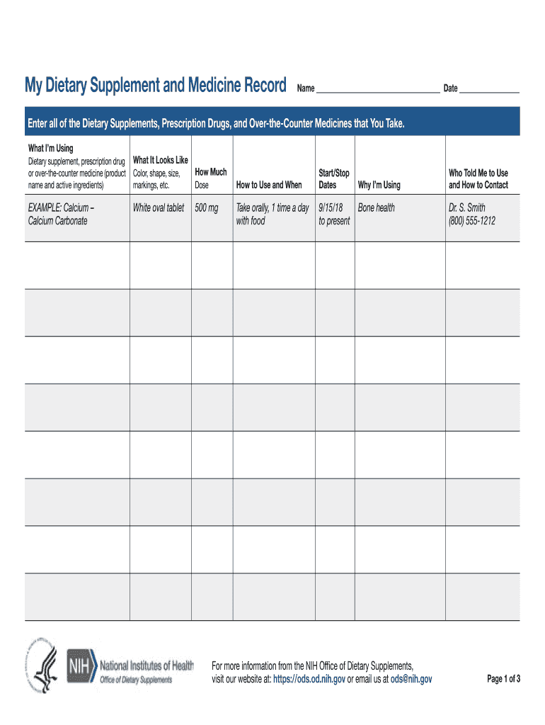 My Dietary Supplement and Medicine Record  Form