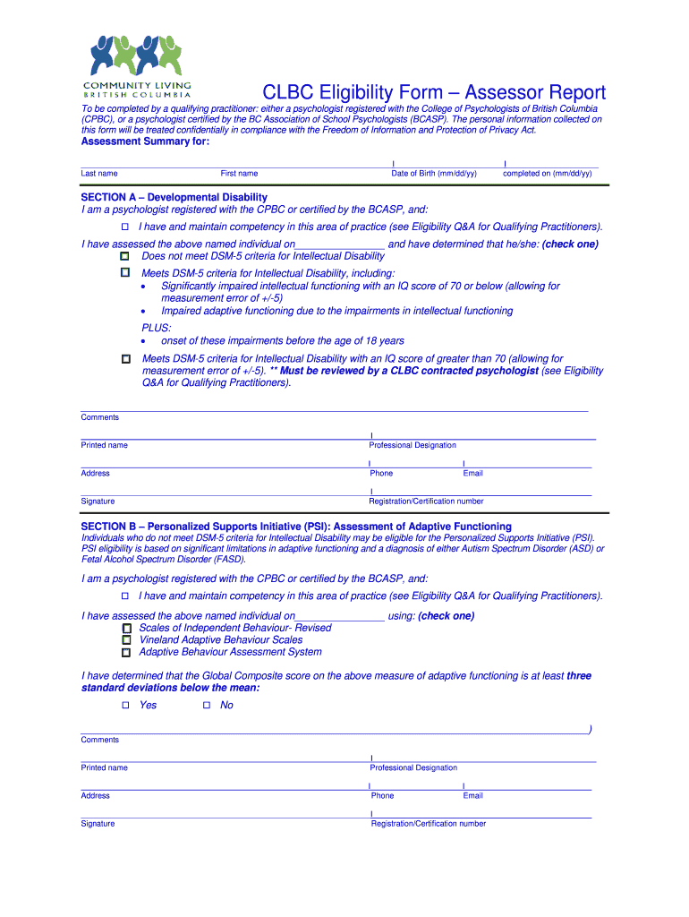 Clbc Assessor Form