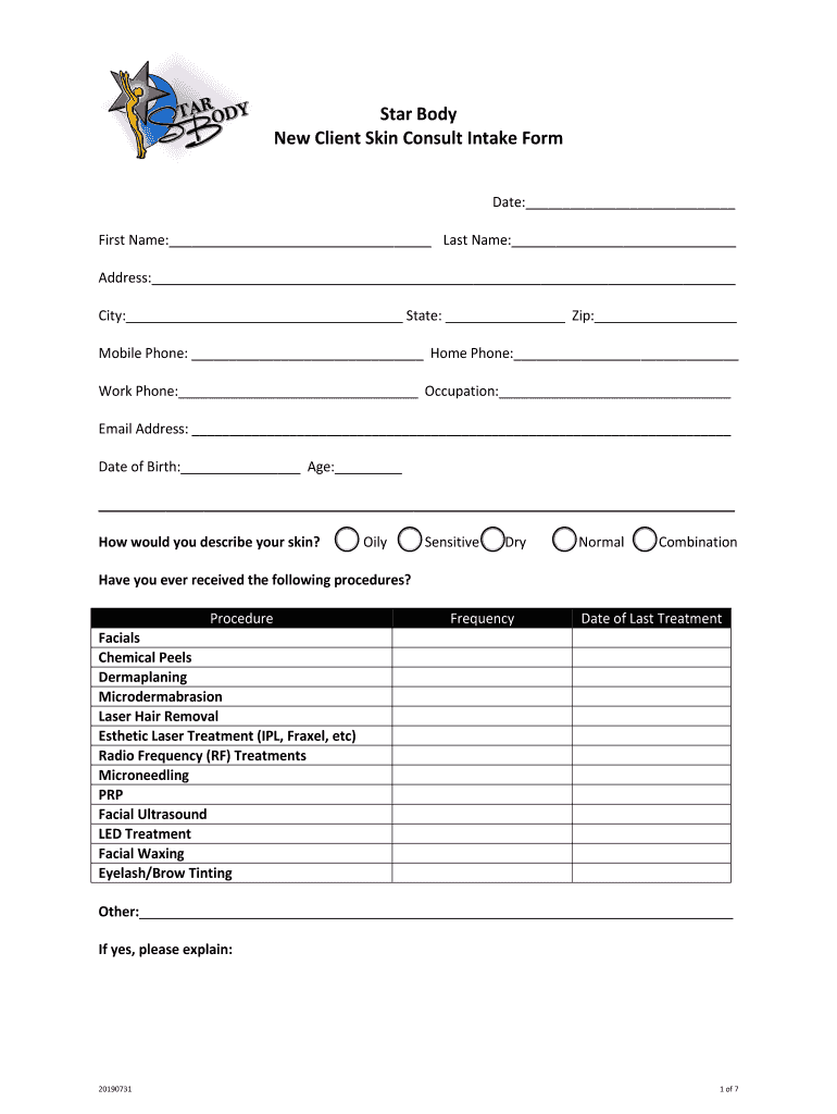 Star Body New Client Skin Consult Intake Form