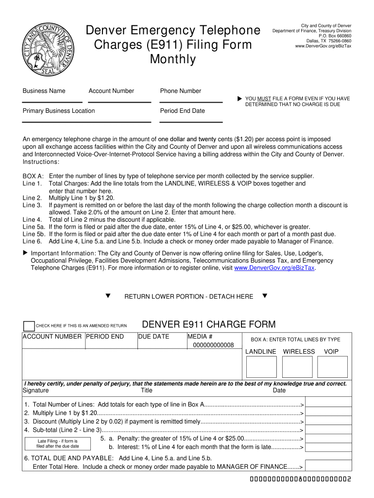 Denver Emergency Charges E911 Filing Form, Monthly
