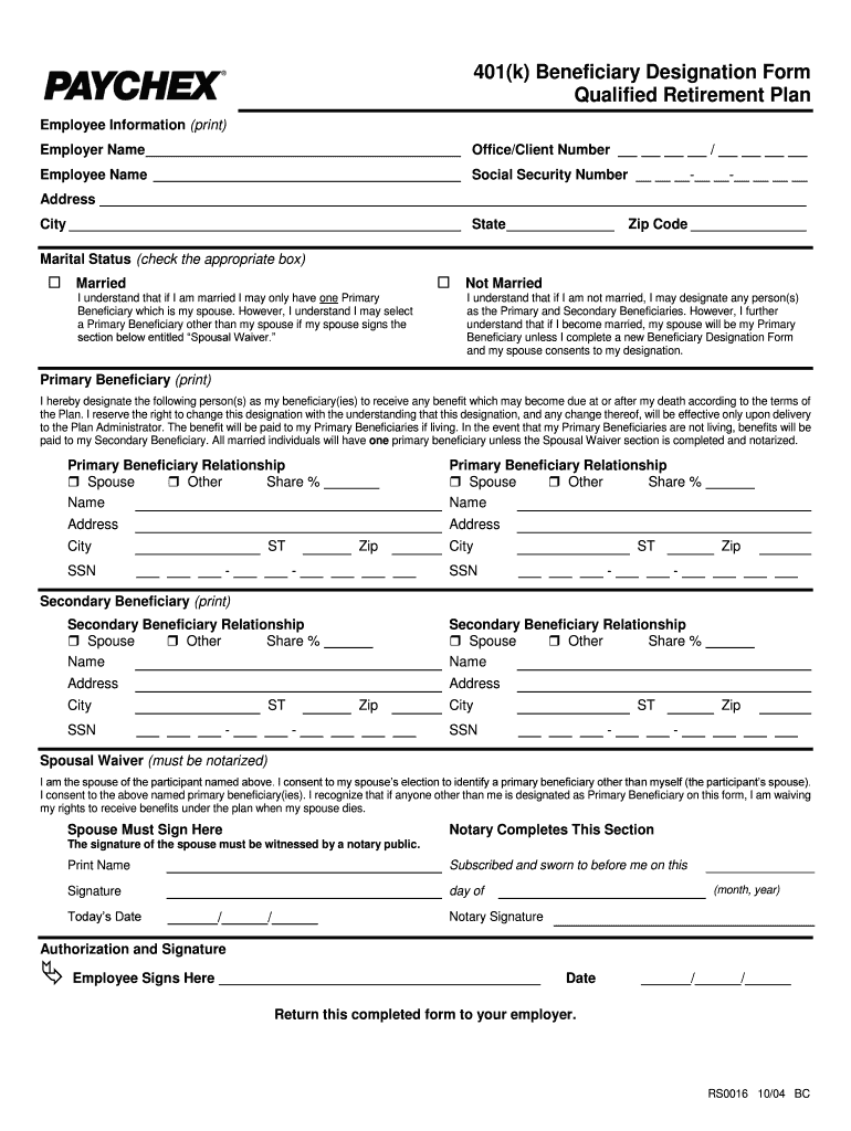  Paychex Beneficiary Designation Form 2004