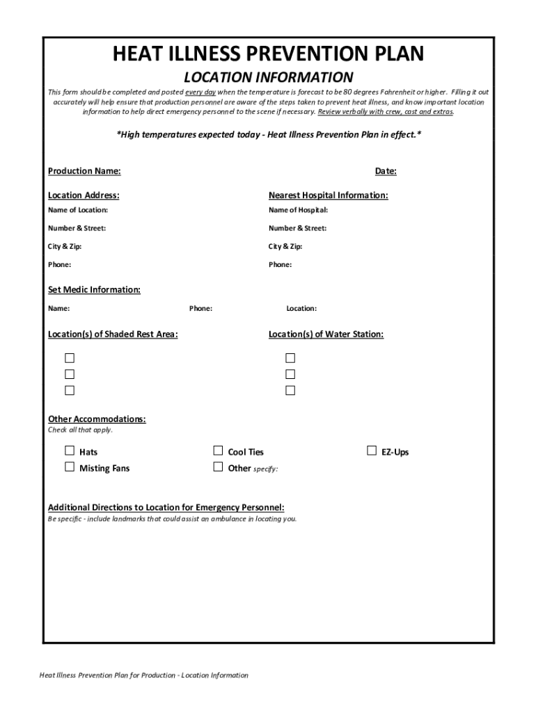 Heat Illness Prevention Plan for Production Safety on the Set  Form