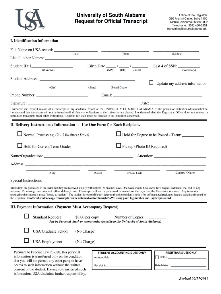  Transcript Request Form University of South Alabama 2019