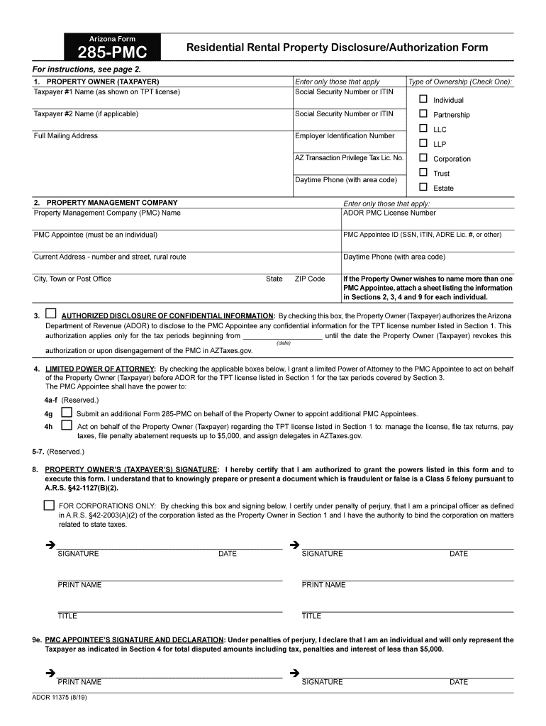  Arizona Form 285 PMC Residental Rental Property DisclosureAuthorization Form 2019