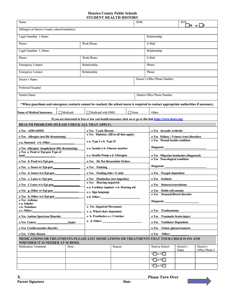 Henrico County Public Schools Student Health History  Form