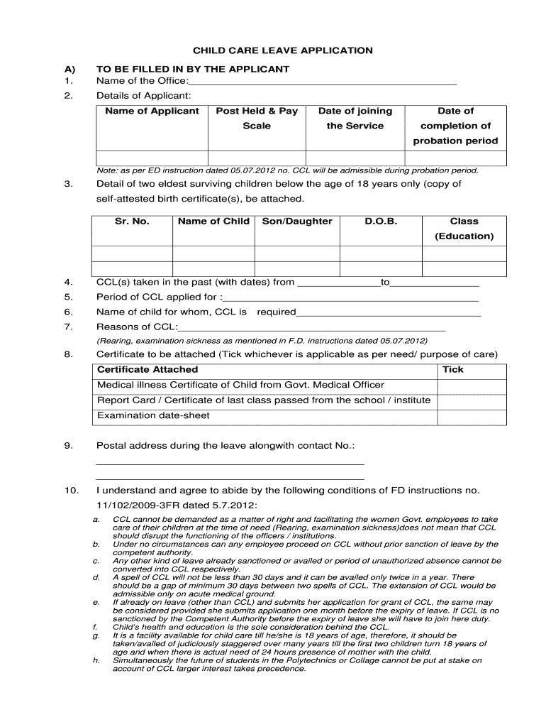 CHILD CARE LEAVE APPLICATION a to BE Uhbvn  Form