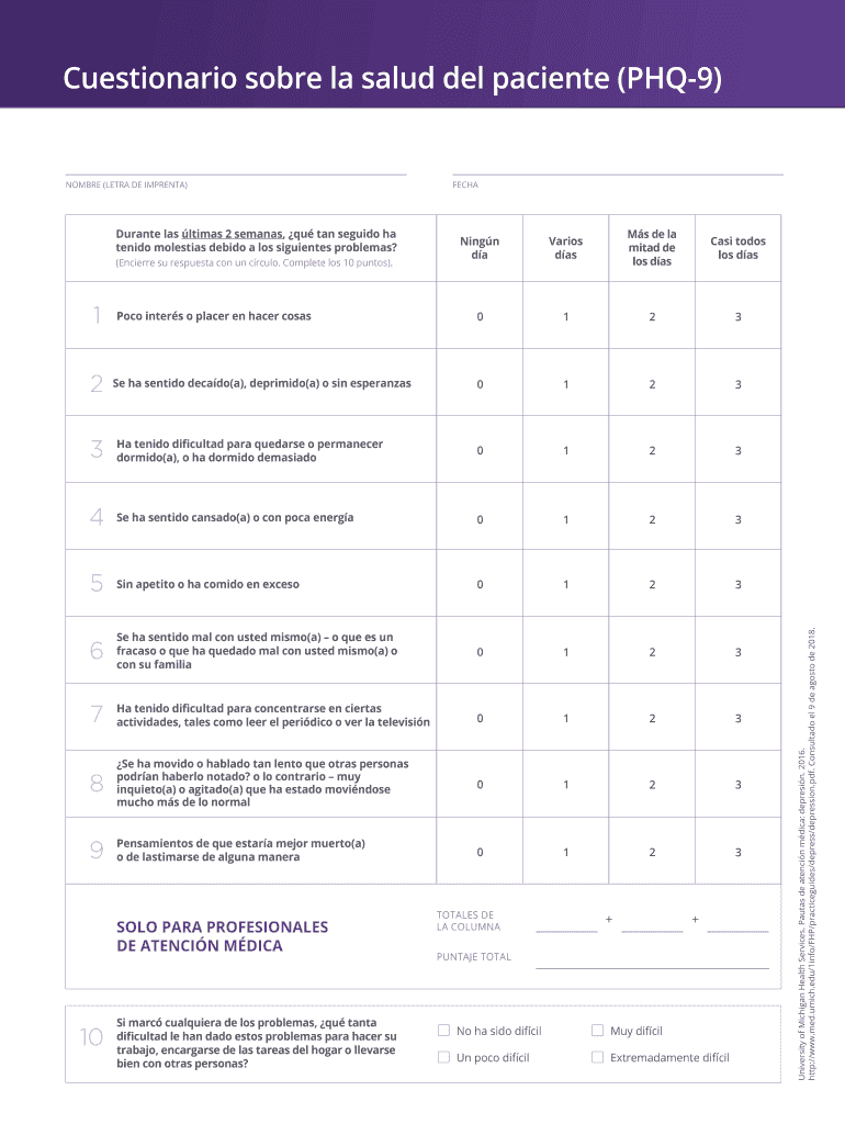 Cuestionario Sobre La Salud Del Paciente PHQ 9 KnowPPD  Form